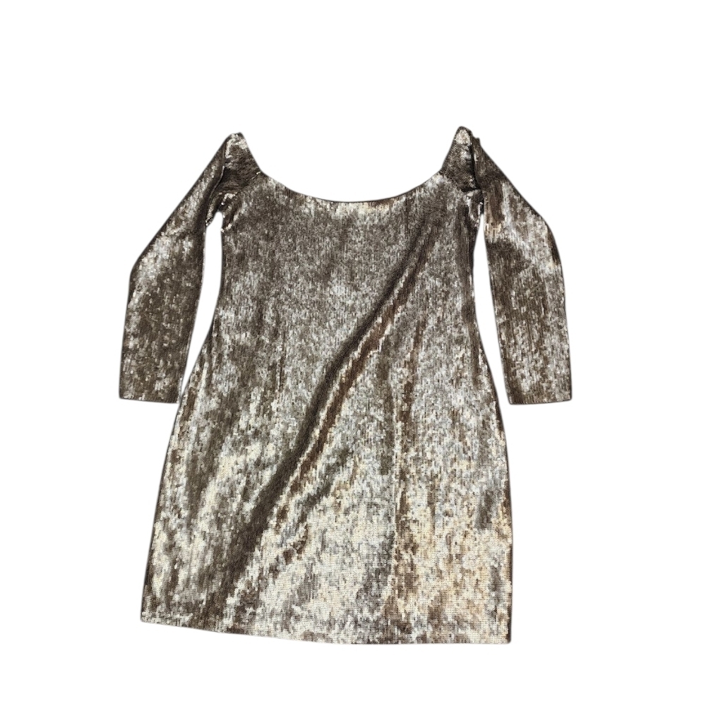 Express Pewter Metallic Sequin Off The Shoulder 3/4 Sleeve Mini Dress NWT Size L